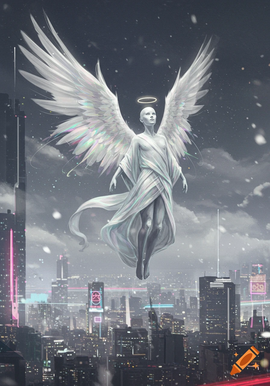 A bald, androgynous angelic figure with large white wings and a halo floats above a futuristic city at dusk, with snow falling.