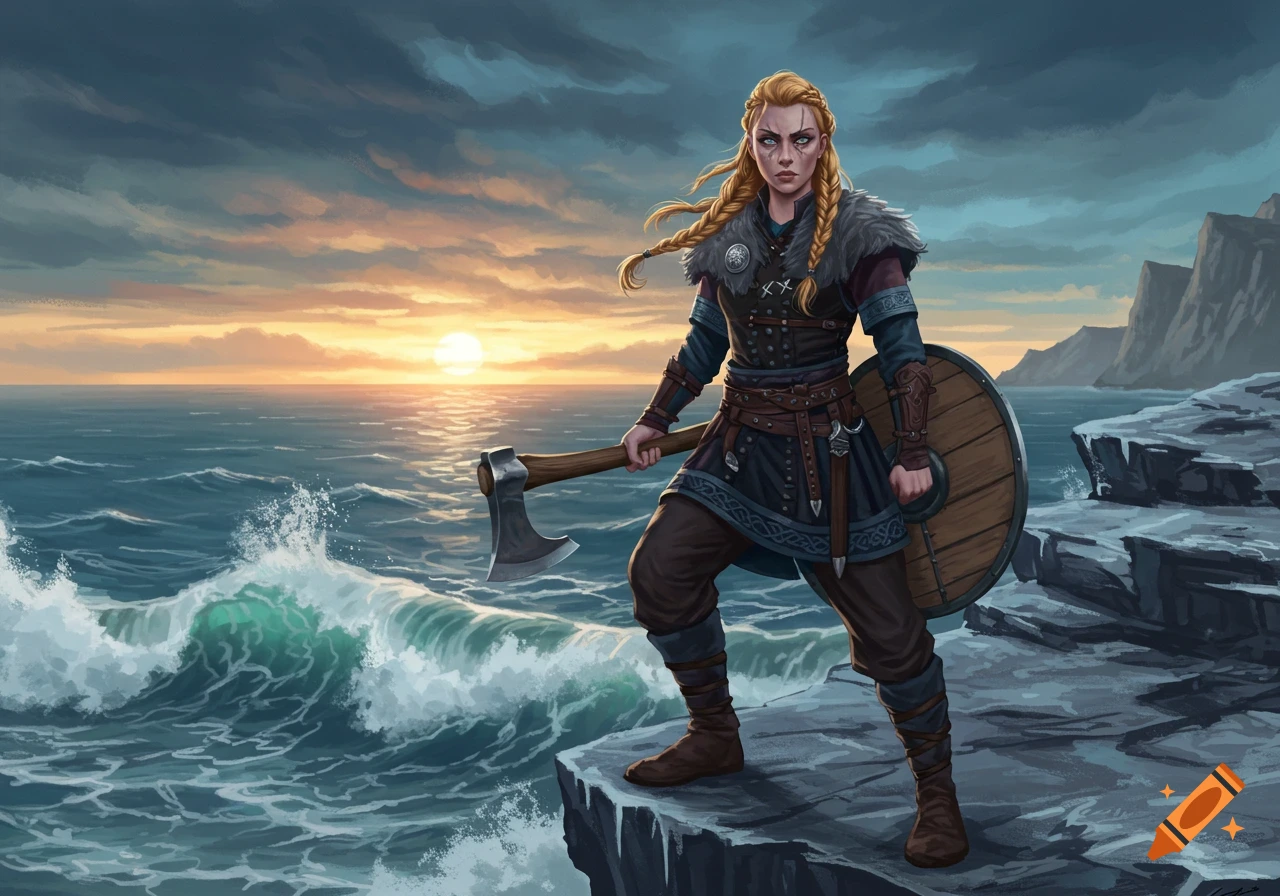 An illustration of a blonde female Viking warrior with an axe and shield on a rocky coast at sunset.