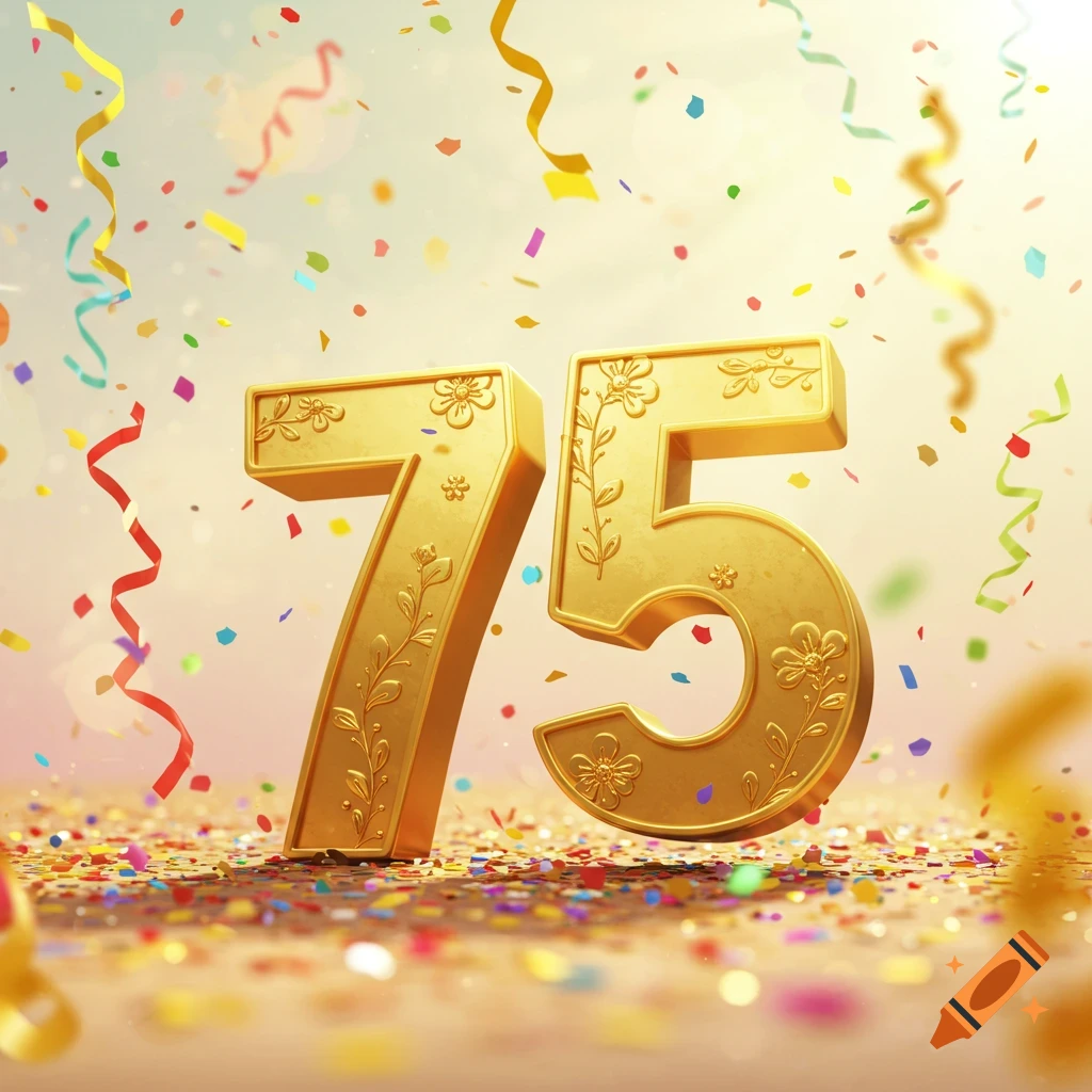 Golden ornate number 75 with intricate floral patterns, surrounded by colorful falling confetti on a bright, celebratory background.