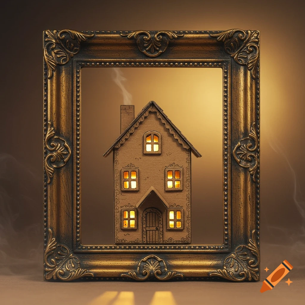 A miniature cardboard house with glowing windows inside an ornate gold picture frame.