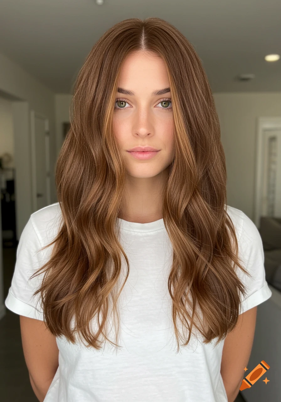 Photorealistic portrait of a young woman with long wavy brown hair and green eyes, wearing a white t-shirt.