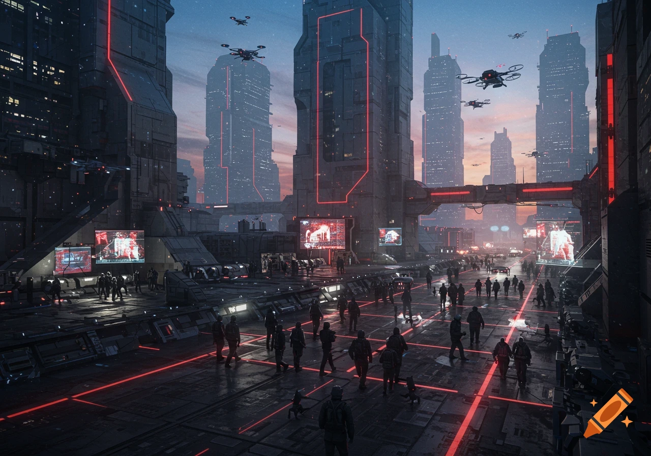 A bustling, dark futuristic cityscape with massive industrial buildings glowing with red neon lights, crowds of people, and drones flying under a dusky sky.