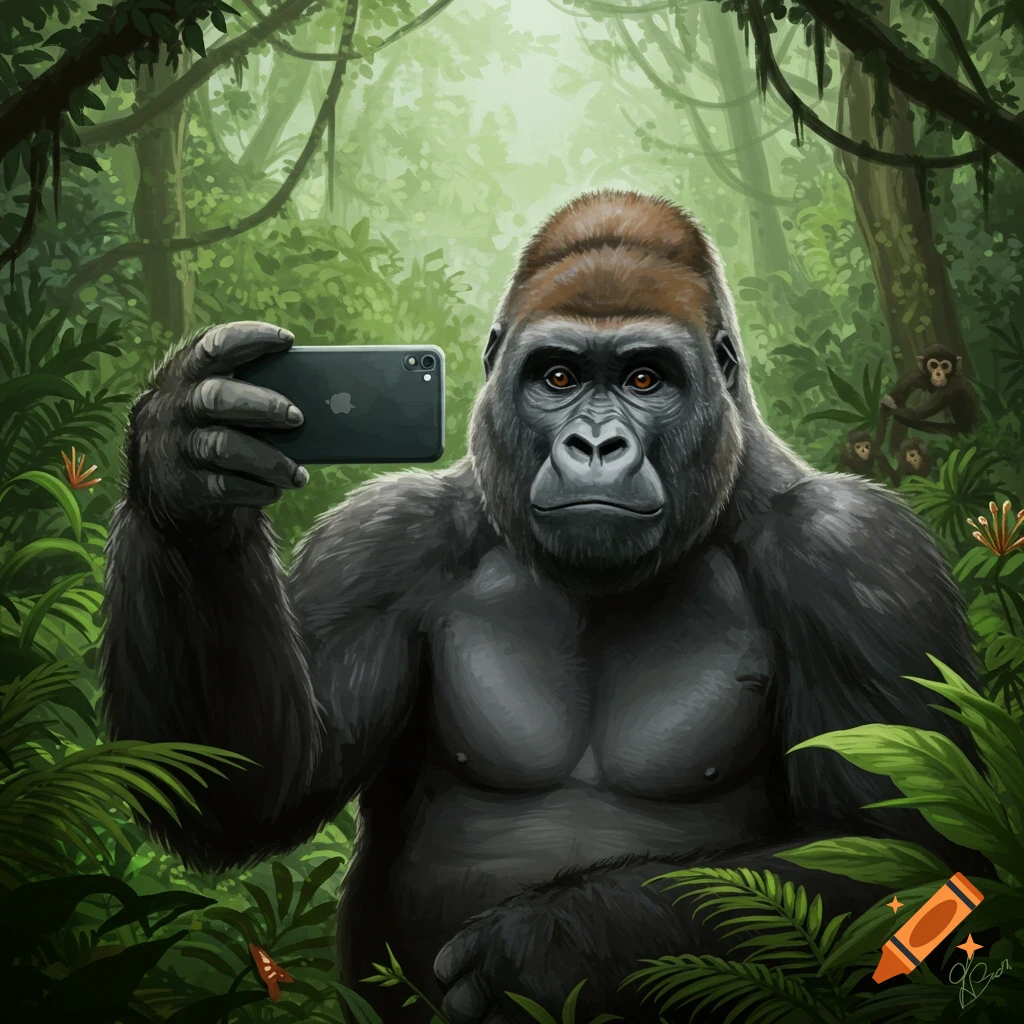 A realistic illustration of a gorilla taking a selfie with a smartphone in a lush green jungle.