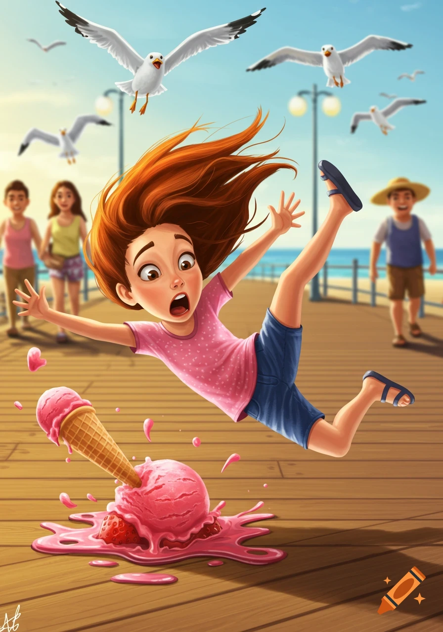 Vibrant cartoon illustration of a red-haired girl falling on a pier with spilled pink ice cream, seagulls flying, and a beach in the background.