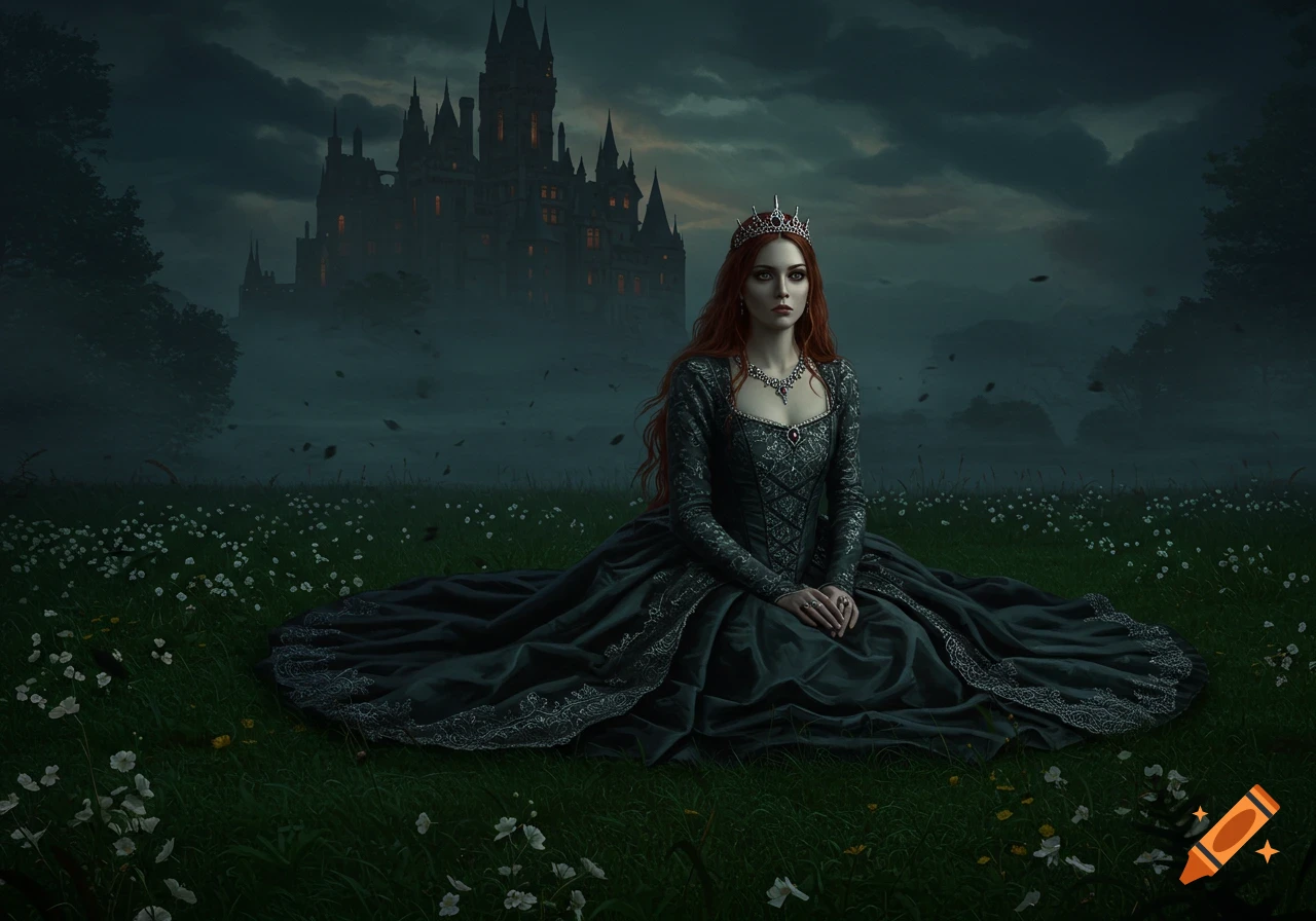 Dark fantasy painting of a red-haired princess in a gothic gown sitting in a flowery field before an eerie castle.