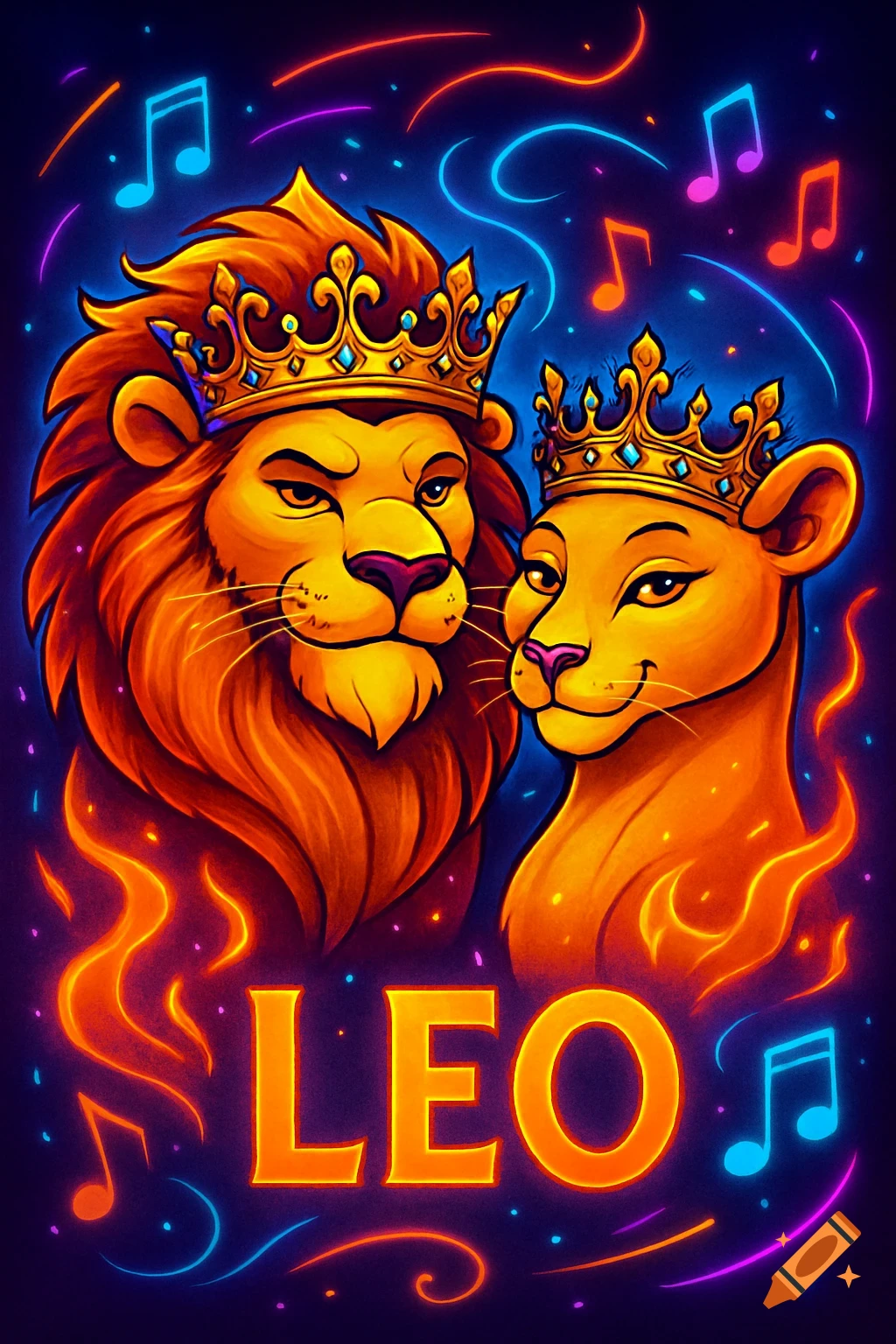 A vibrant cartoon illustration of a crowned lion and lioness, surrounded by glowing flames and musical notes, with the word LEO.