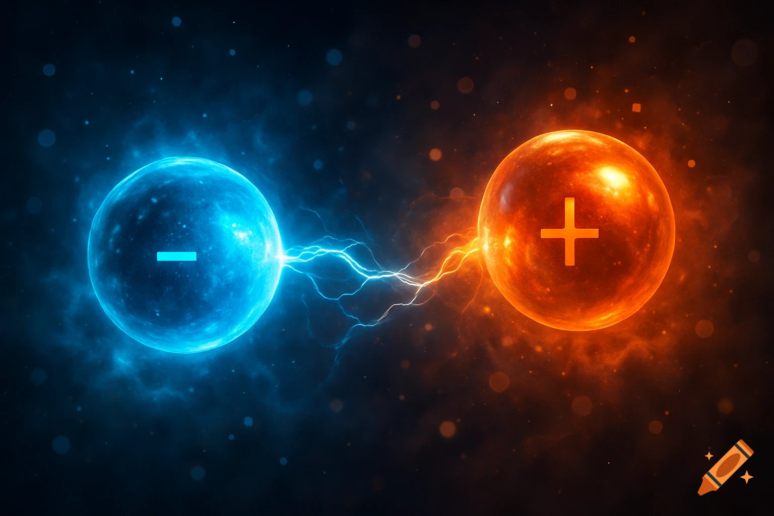 Glowing blue orb with minus sign and orange orb with plus sign connected by energy bolts on a dark cosmic background.