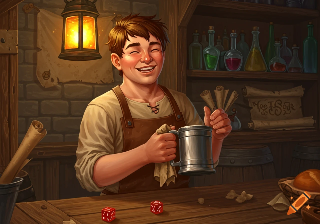 A smiling young innkeeper in a tavern, holding a tankard and scrolls, with bottles and dice on the counter.