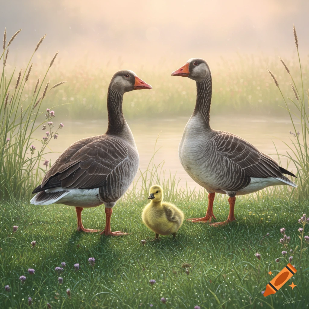 Two adult geese and a yellow gosling stand in dew-kissed green grass by a misty pond at sunrise.