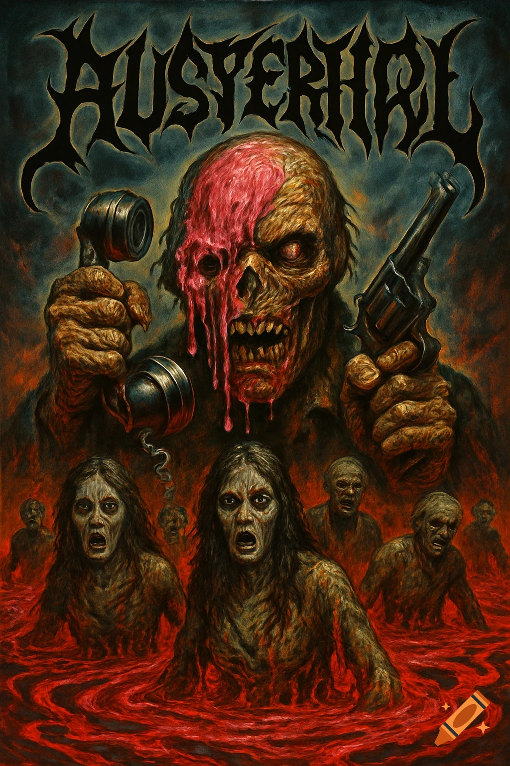 A grotesque monster with an exposed brain, holding a phone and pistol, looms over screaming ghouls in a bloody red liquid, in a dark horror art style.