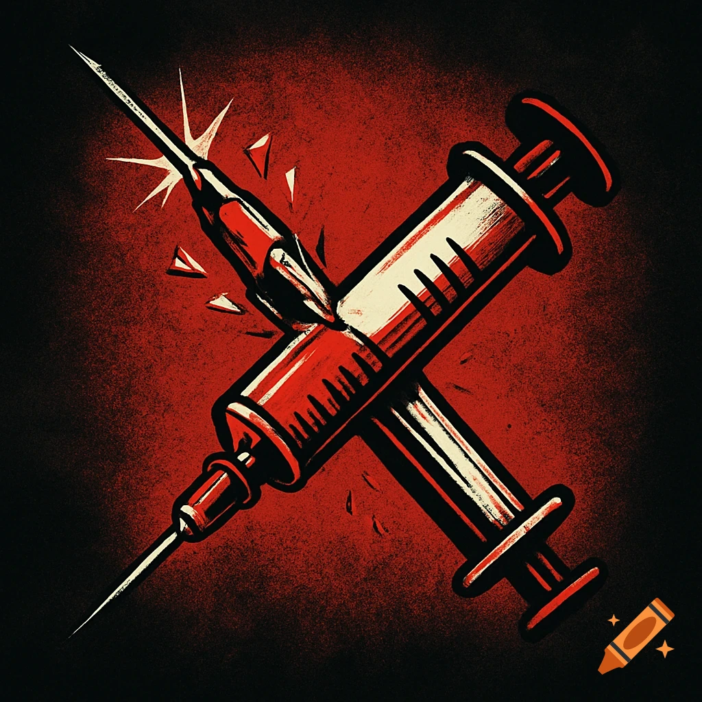 A gritty, red, white, and black illustration of two crossed medical syringes, one broken.