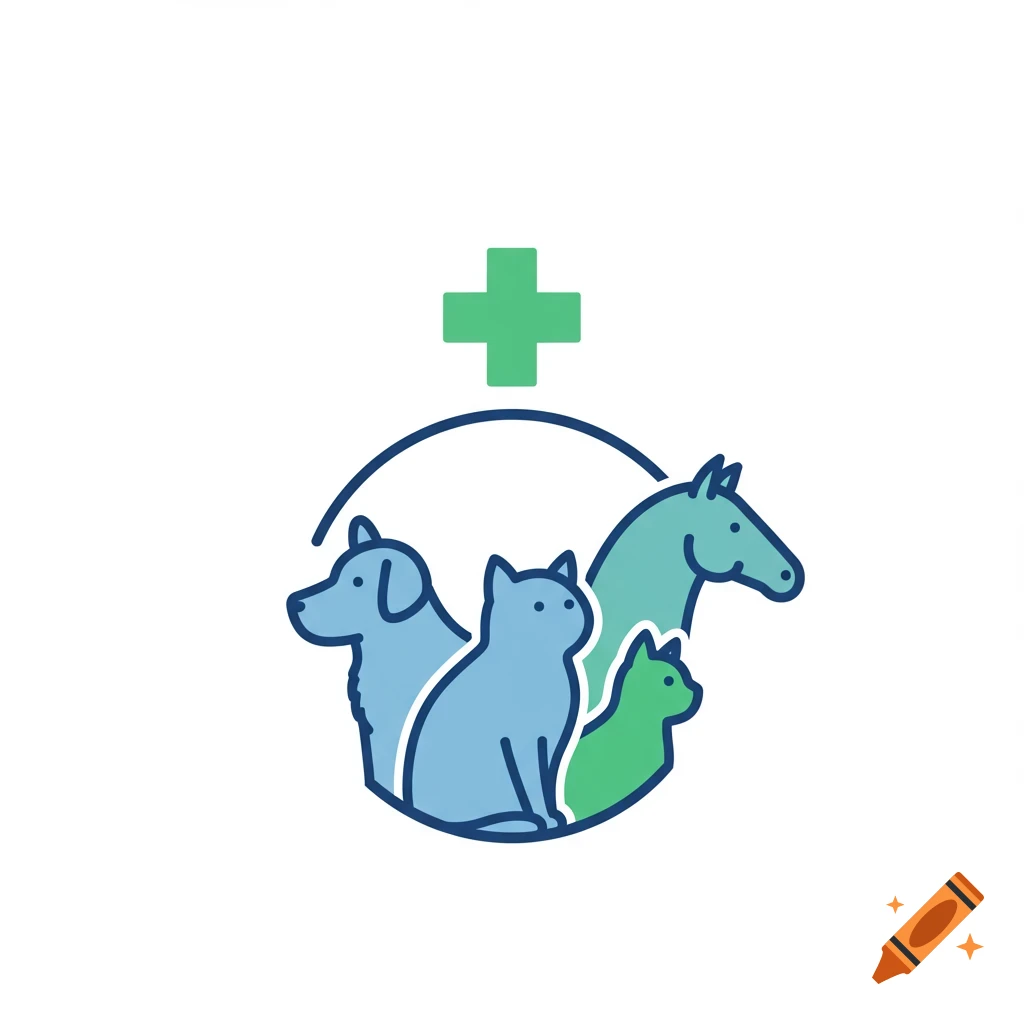 Minimalist vector icon of a dog, cat, and horse silhouettes within a circle, topped by a green medical cross, in blue and green colors.