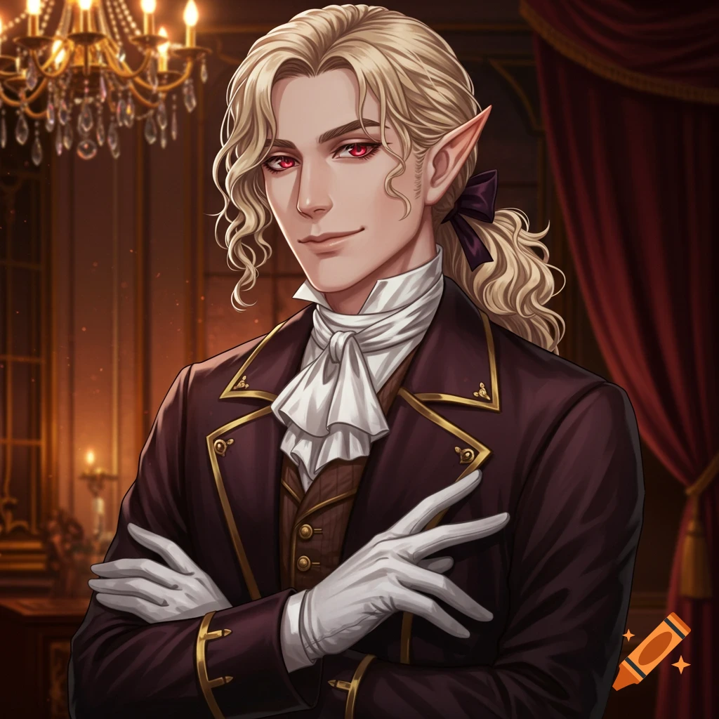 Anime noble with blonde hair, red eyes, and elven ears, wearing a cravat and gloves in a historical setting.