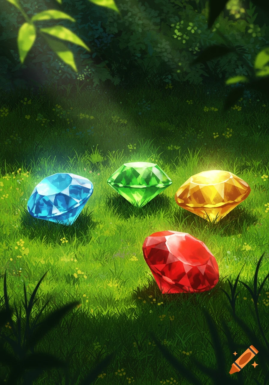 Four glowing, faceted gems (blue, green, yellow, red) lie on lush green grass with dappled sunlight.