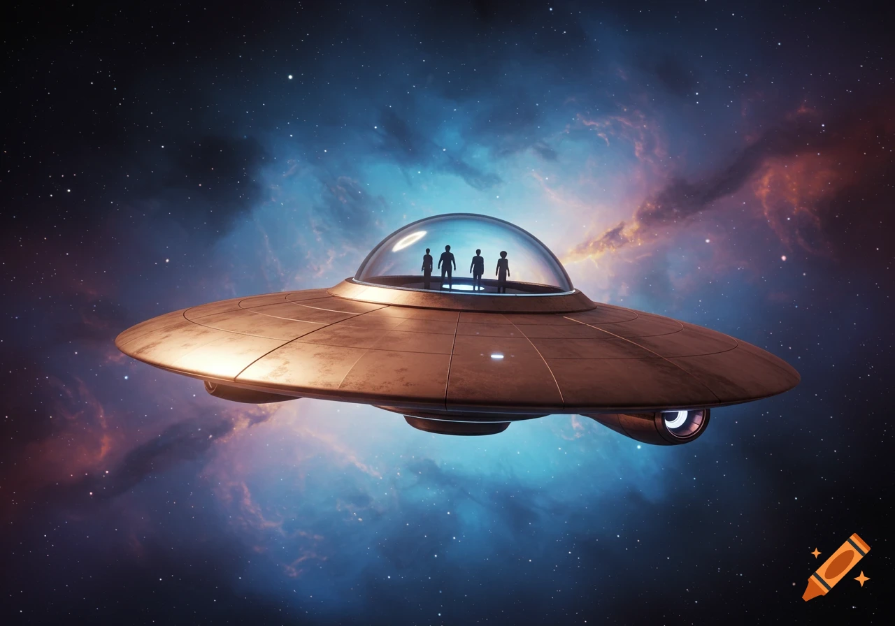A bronze flying saucer with a clear dome carrying four silhouettes, hovers in deep space against a blue and orange nebula.