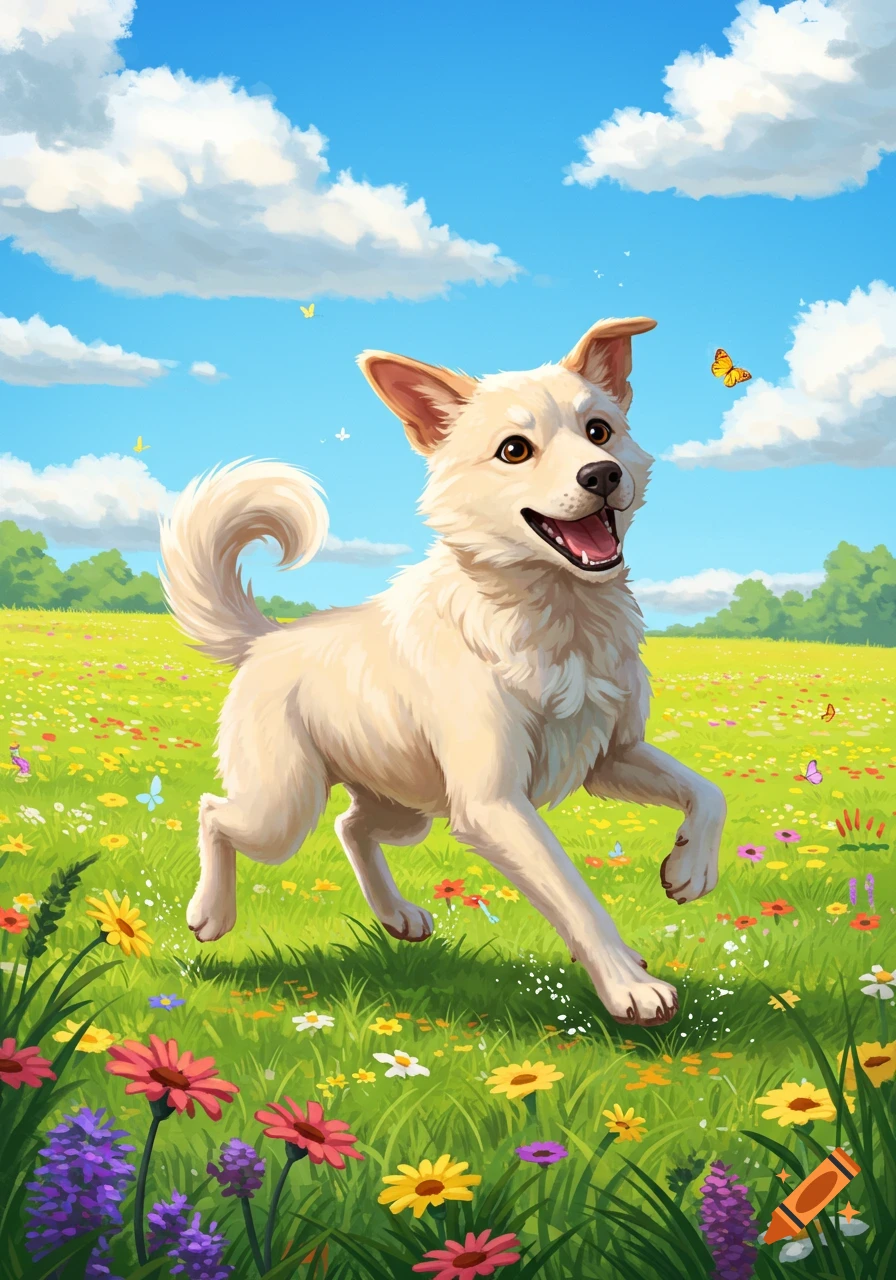 A happy off-white dog runs through a vibrant green meadow filled with colorful wildflowers under a bright blue sky with fluffy clouds. Butterflies flutter around.