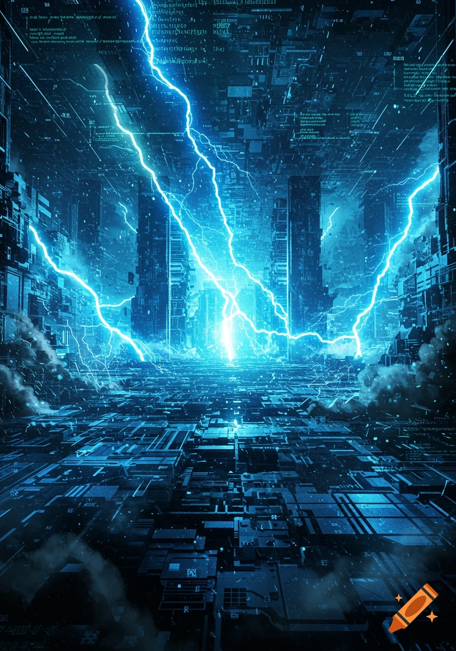 A dark blue, futuristic digital battlefield with glowing blue lightning striking through a corridor of circuit board structures.