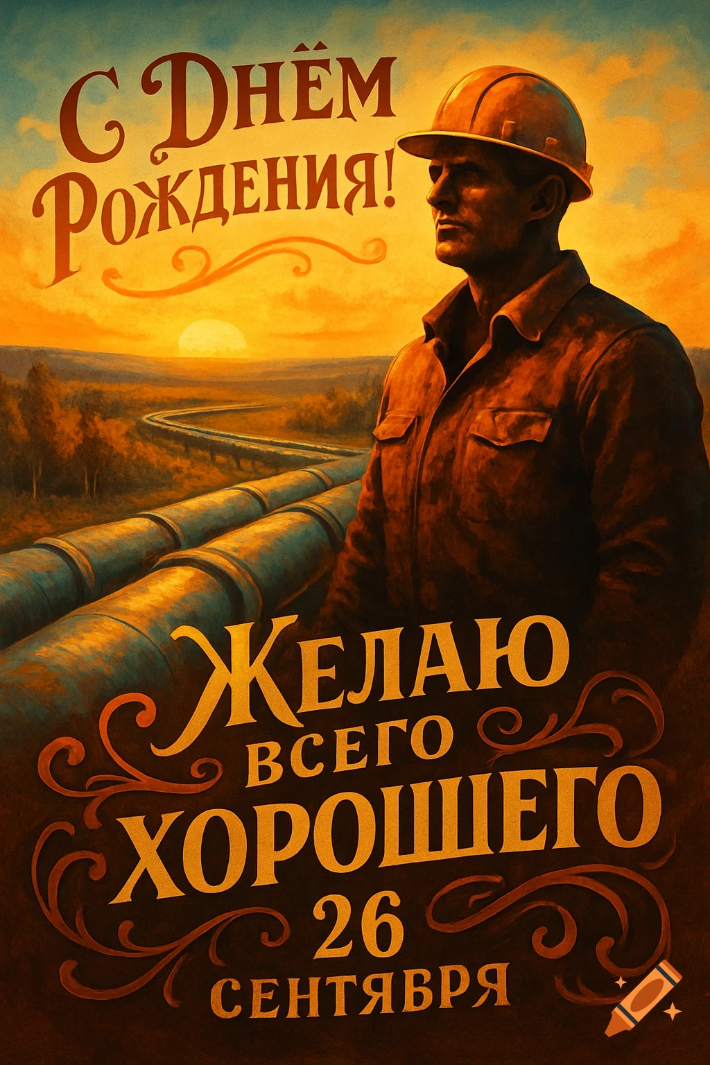 A vintage-style birthday card for a man, featuring a pipeline worker in a hard hat looking towards a sunset over a pipeline landscape. Russian text wishing a happy birthday and all the best for September 26th is prominent.