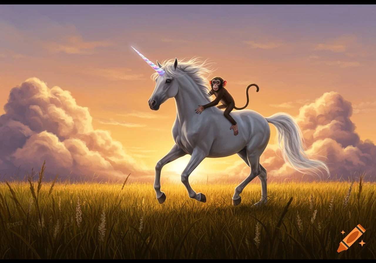 A monkey rides a white unicorn through a golden field at sunset, stylized digital painting.
