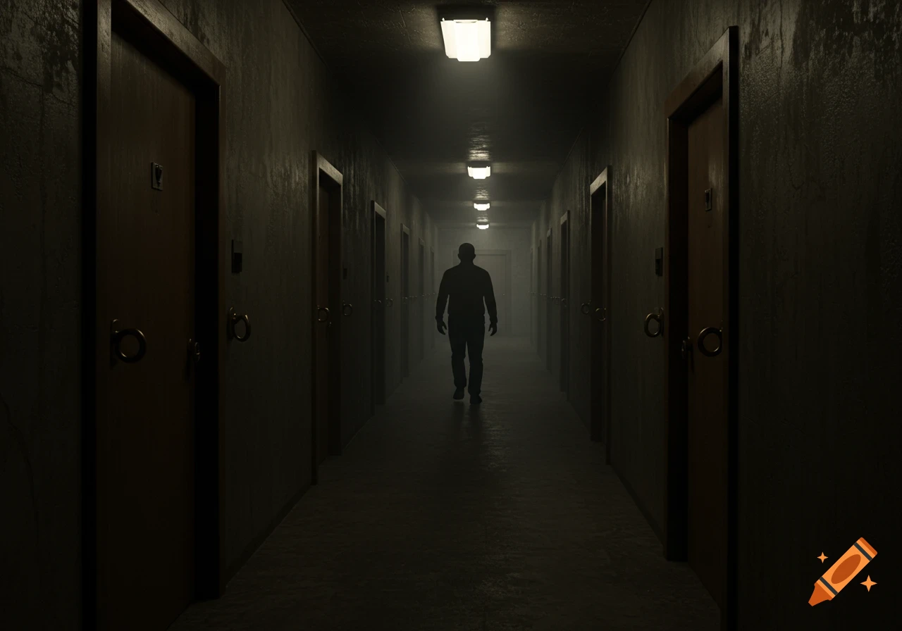 A silhouetted figure walks down a long, dark, ominous hallway lined with closed doors under flickering lights. A male figure symbol is on a door.