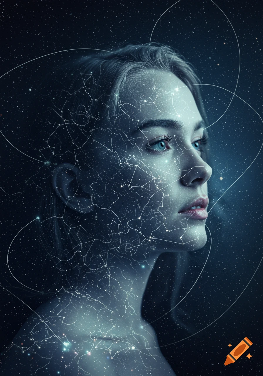 Woman's profile with glowing constellations and stars on a dark blue background, conceptual art style.