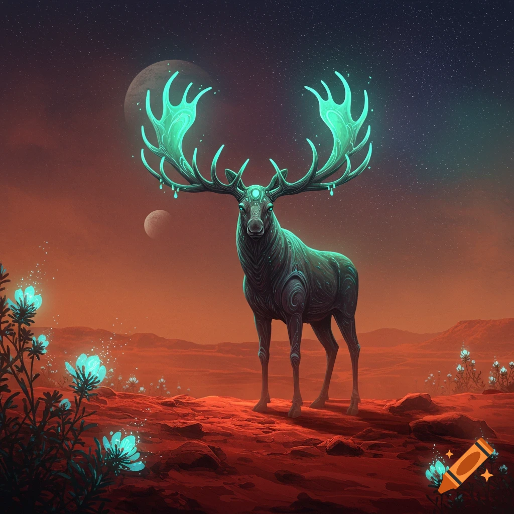 A majestic alien moose with glowing turquoise antlers stands on a red Martian landscape under a starry sky with moons and glowing plants.