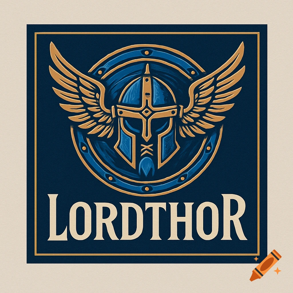 A blue and gold logo featuring a winged Viking helmet and shield with the name 'LORDTHOR' below.
