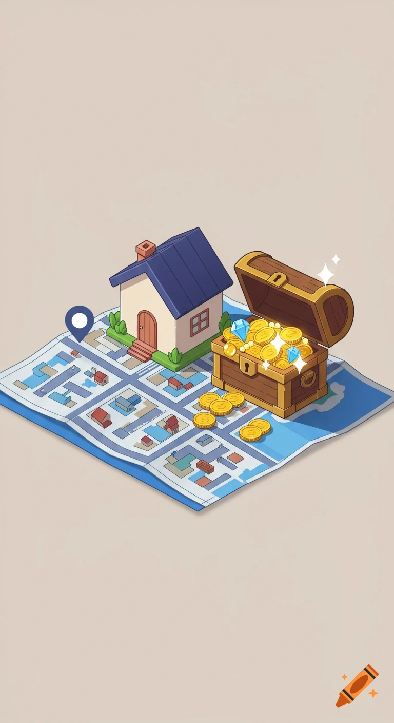 A stylized house and an open treasure chest filled with gold coins and gems on a neighborhood map, in a modern 3D illustration.