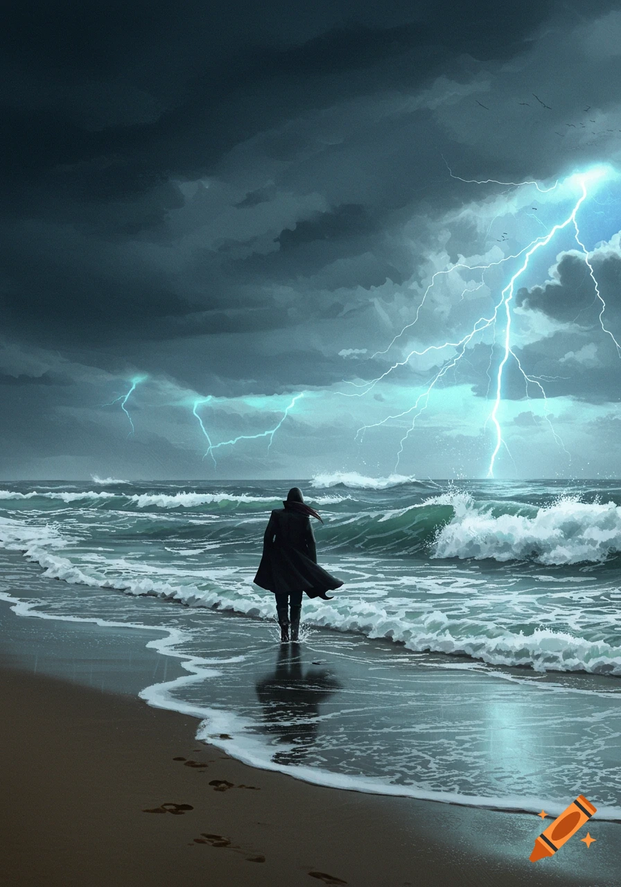 A person in a dark cloak walks into a stormy ocean. Lightning strikes under dark clouds with crashing waves. Painterly art.