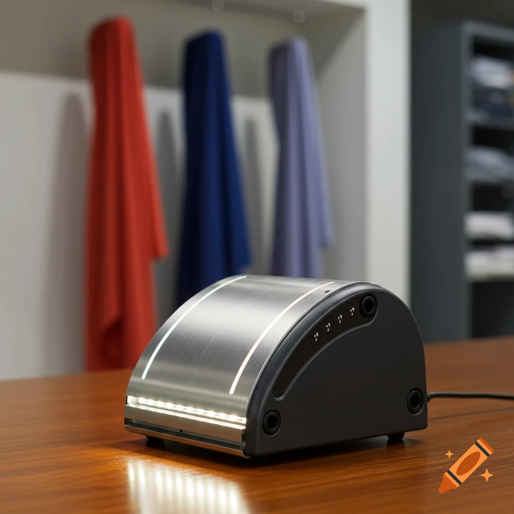Sleek silver and black electronic device with LED lights on a wooden table, with blurred colorful fabrics in the background.