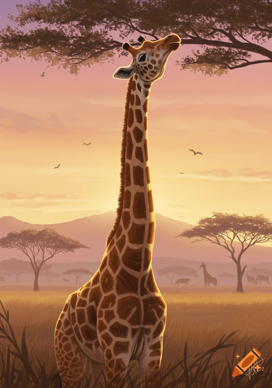 A digital painting of a giraffe looking up in a golden savanna at sunset, with acacia trees and distant mountains.