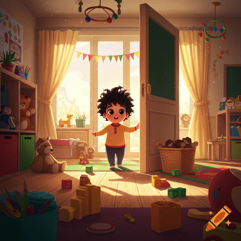 A cartoon child with curly dark hair and big eyes stands in a sunlit playroom filled with colorful toys and blocks.