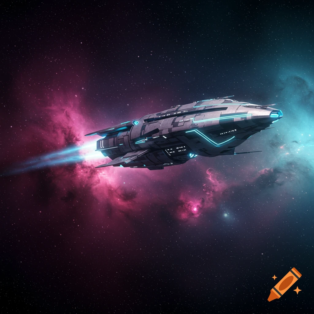 A futuristic spaceship with glowing blue accents and engines flies through a vibrant space filled with pink and blue nebulae and stars.