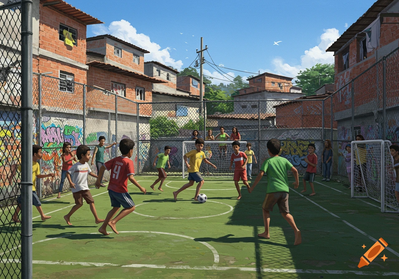 Children play barefoot soccer on a green field in a vibrant favela, surrounded by brick houses with graffiti and chain-link fences under a clear blue sky.
