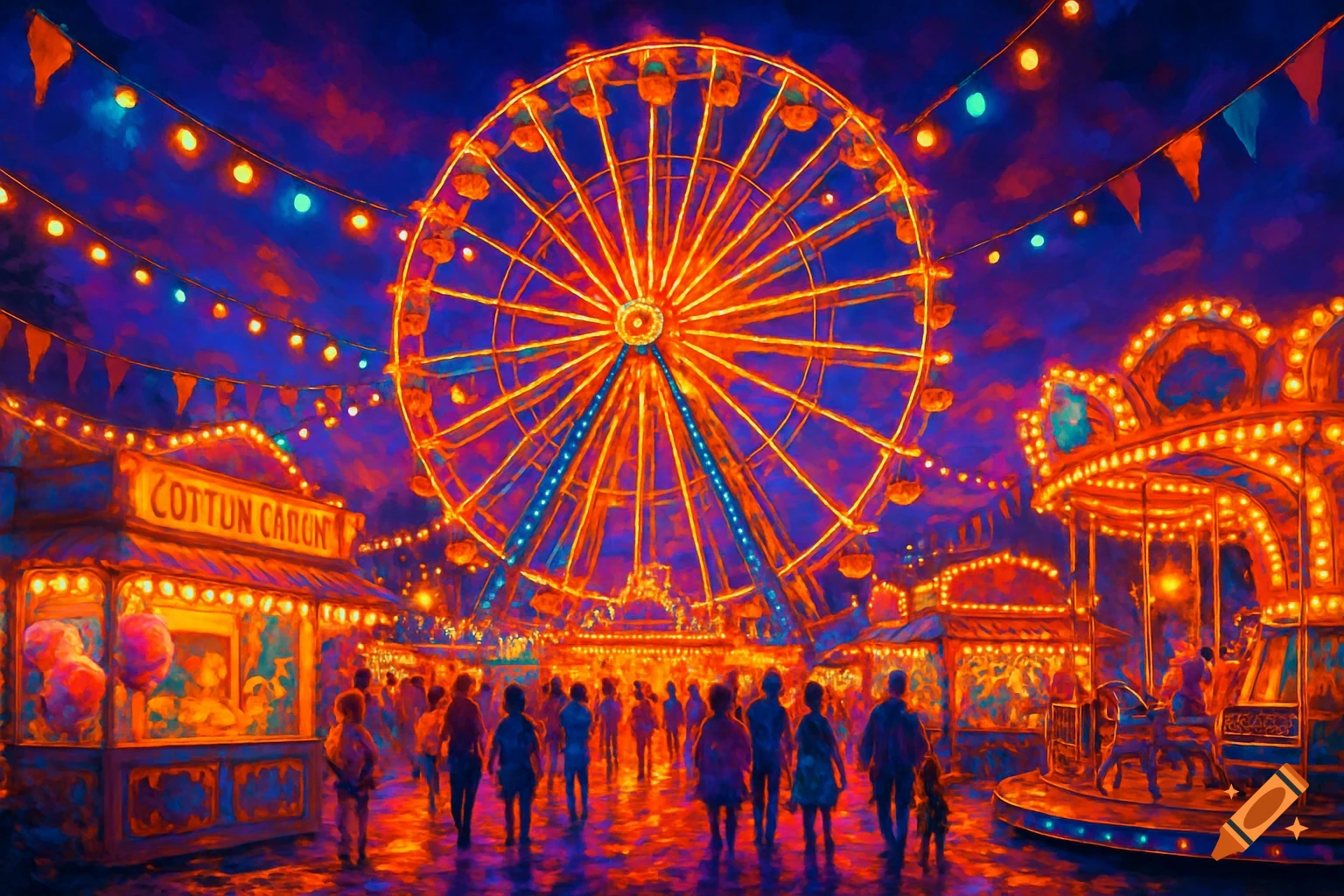 Vibrant painterly night carnival scene with a glowing Ferris wheel, carousel, and silhouetted people under colorful lights.