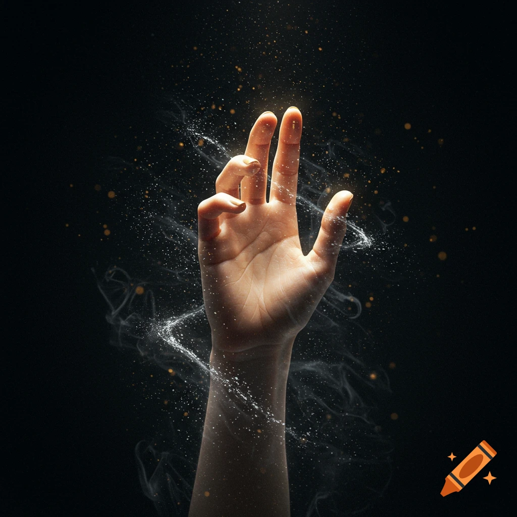 A hand reaching upwards, surrounded by sparkling golden light and white smoke, against a dark background.