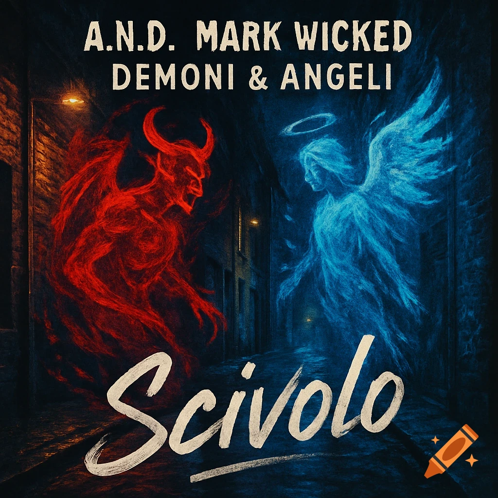 Stylized illustration of a red devil and a blue angel in a dark alley, with album title 'Demoni & Angeli Scivolo' and artists 'A.N.D. MARK WICKED'.