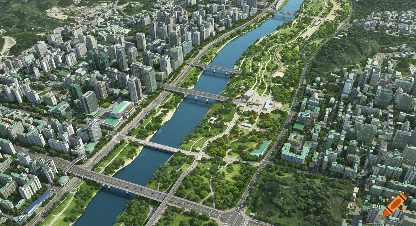 Aerial view of a vibrant cityscape in Seoul with a river, bridges, lush green parks, and dense buildings under natural light.