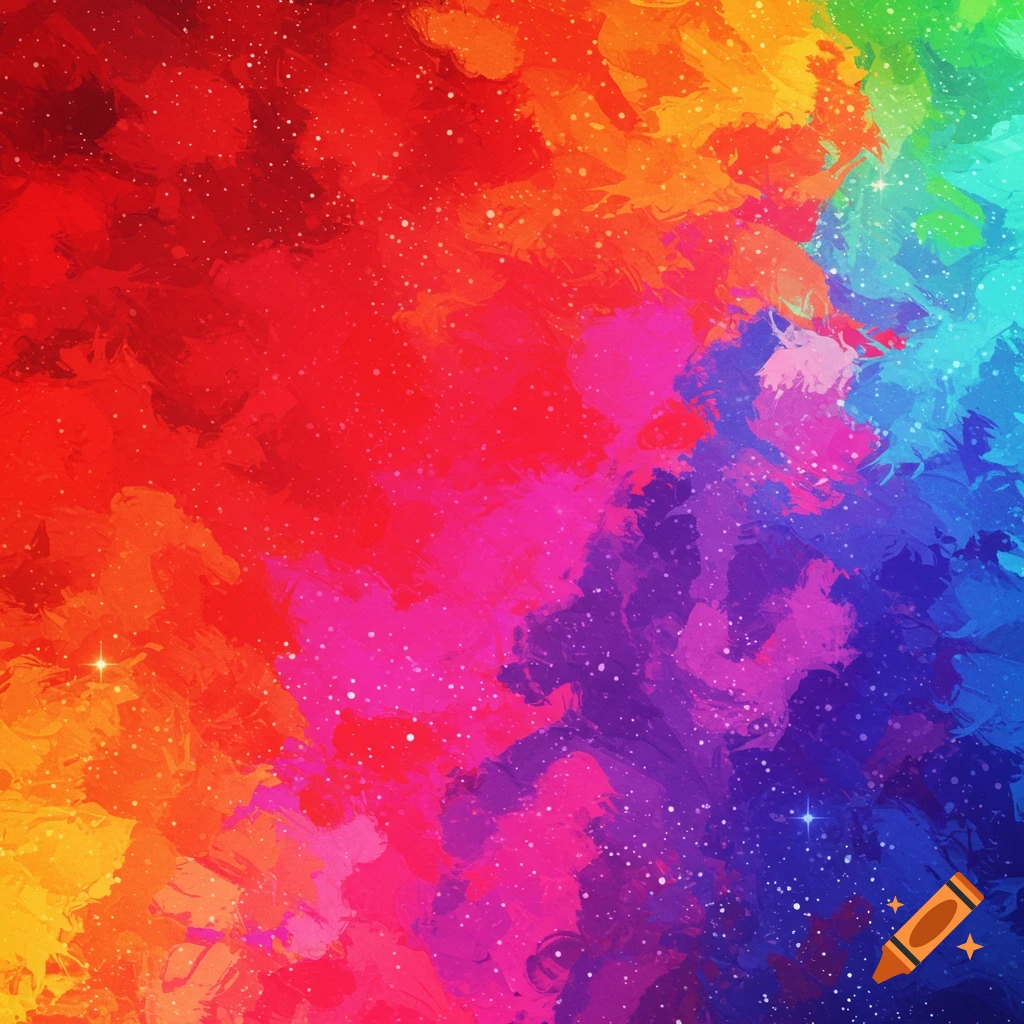 Vibrant abstract painting with brushstrokes of rainbow colors and white specks.