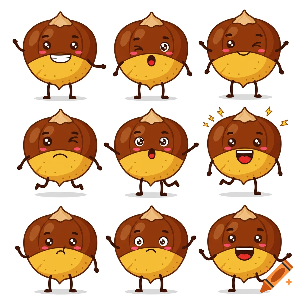 A grid of nine cute cartoon chestnut characters with various expressions and poses on a white background.