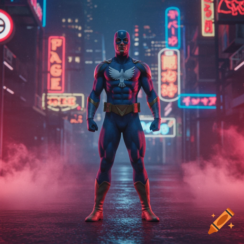 A muscular superhero in a blue and gold suit with a white dove emblem stands in a dark, neon-lit cyberpunk city.