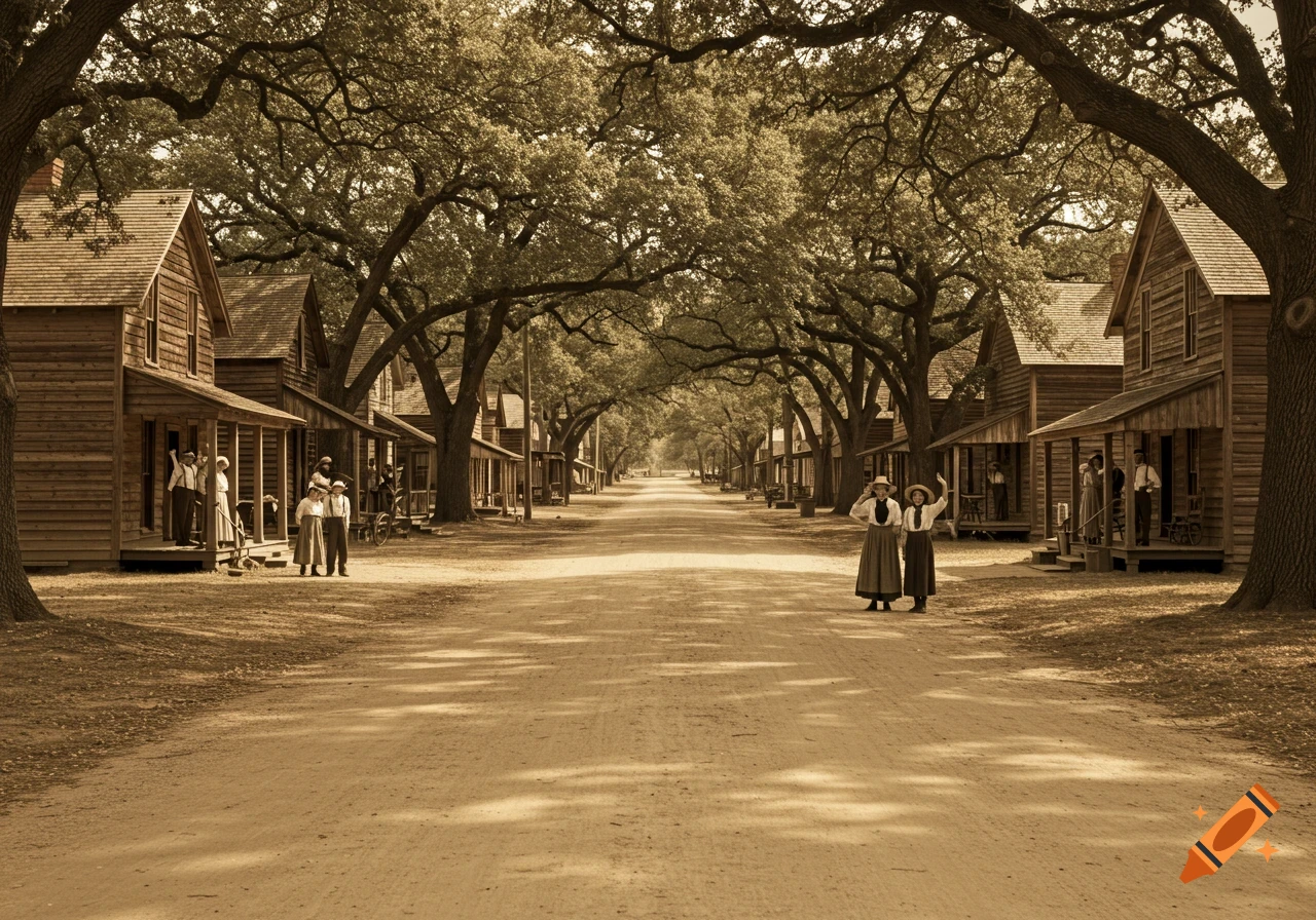 Sepia-toned photograph of an early 1900s small town street with wooden houses, a dirt road, and people in period clothing under large shade trees.