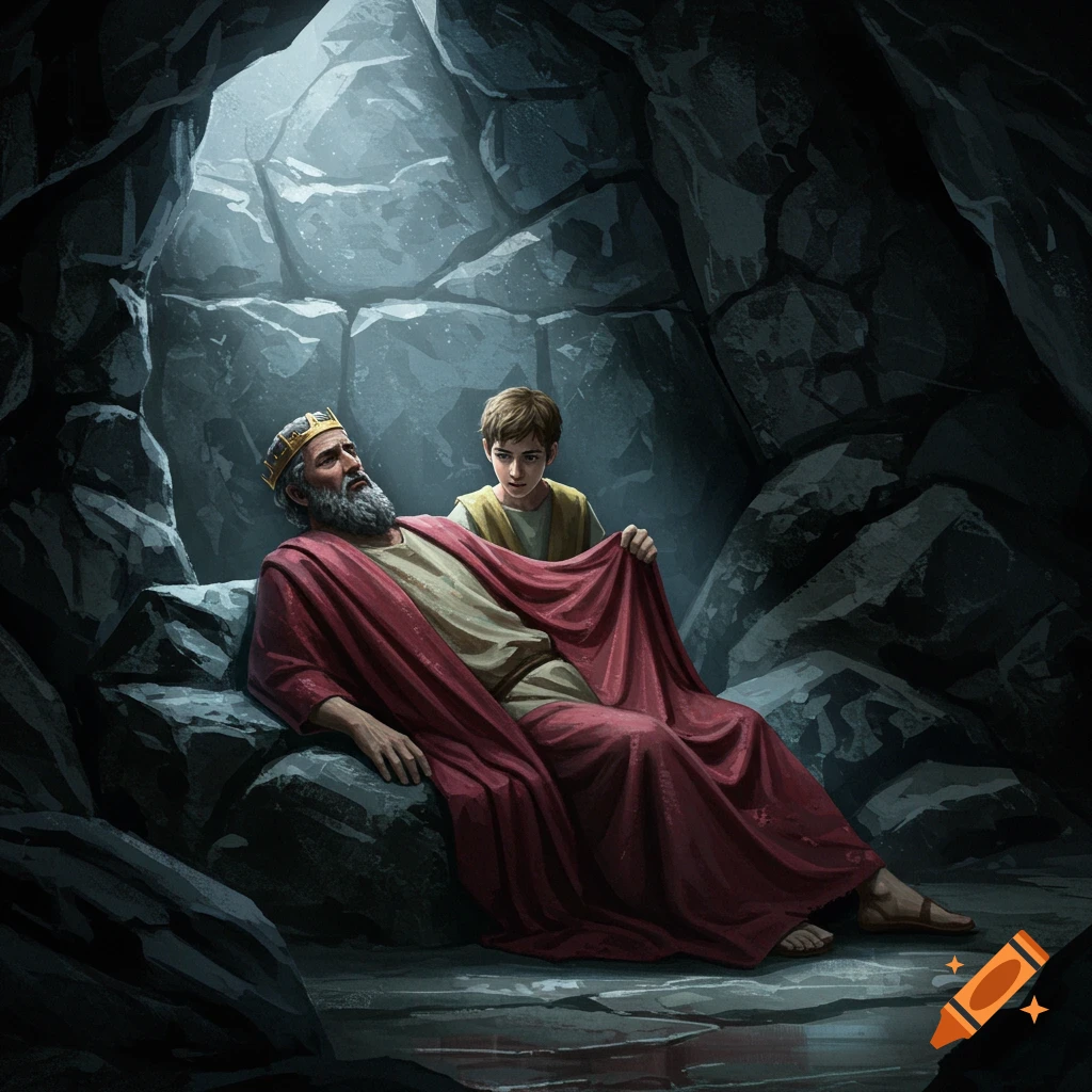 A young boy attends to an older king lying in a dark, rocky cave with light streaming from above. Dramatic art style.