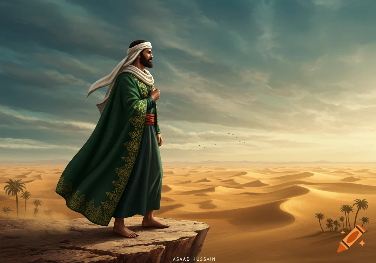 A man in a green robe and white headscarf stands barefoot on a cliff overlooking a vast desert with sand dunes and palm trees.