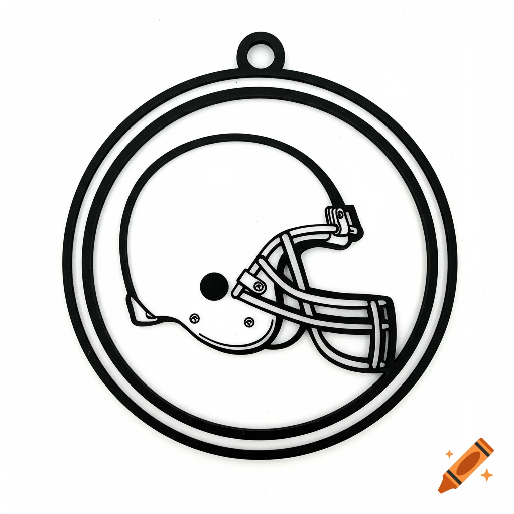 Black and white laser-cut ornament design featuring a minimalist outline of an American football helmet inside a circle.