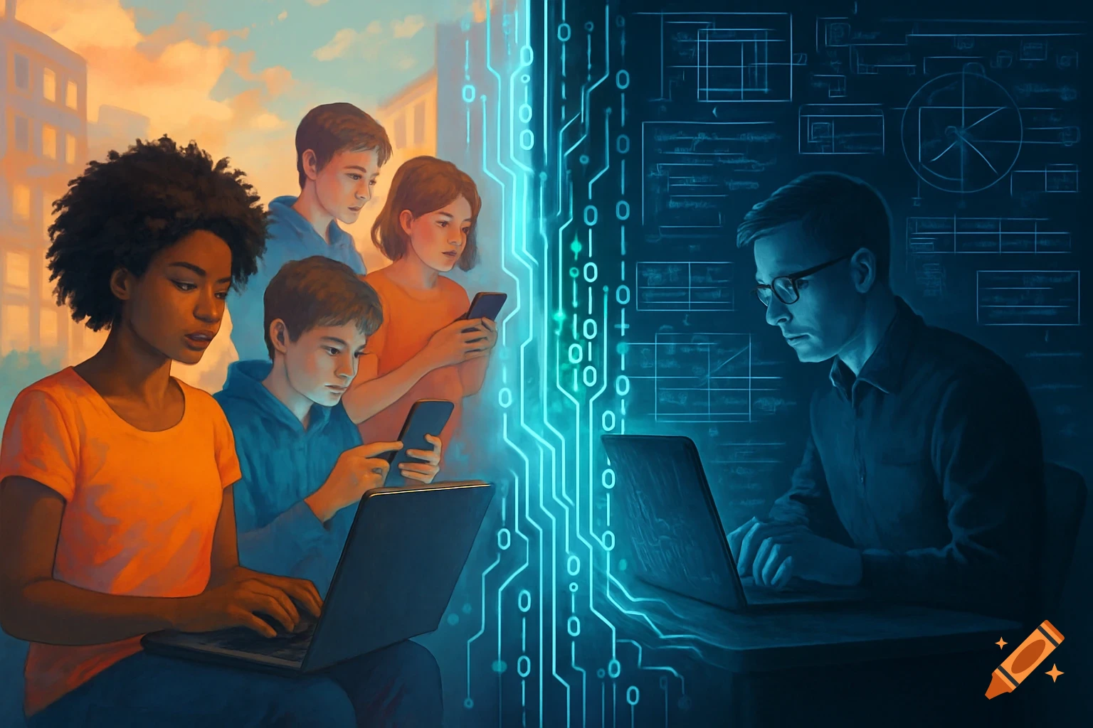 Diverse group of young people and an adult using laptops and phones, with a glowing digital circuit board and binary code background.