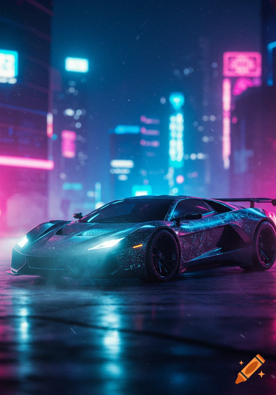 A futuristic sports car parked on a wet city street at night, illuminated by glowing blue and pink neon lights.