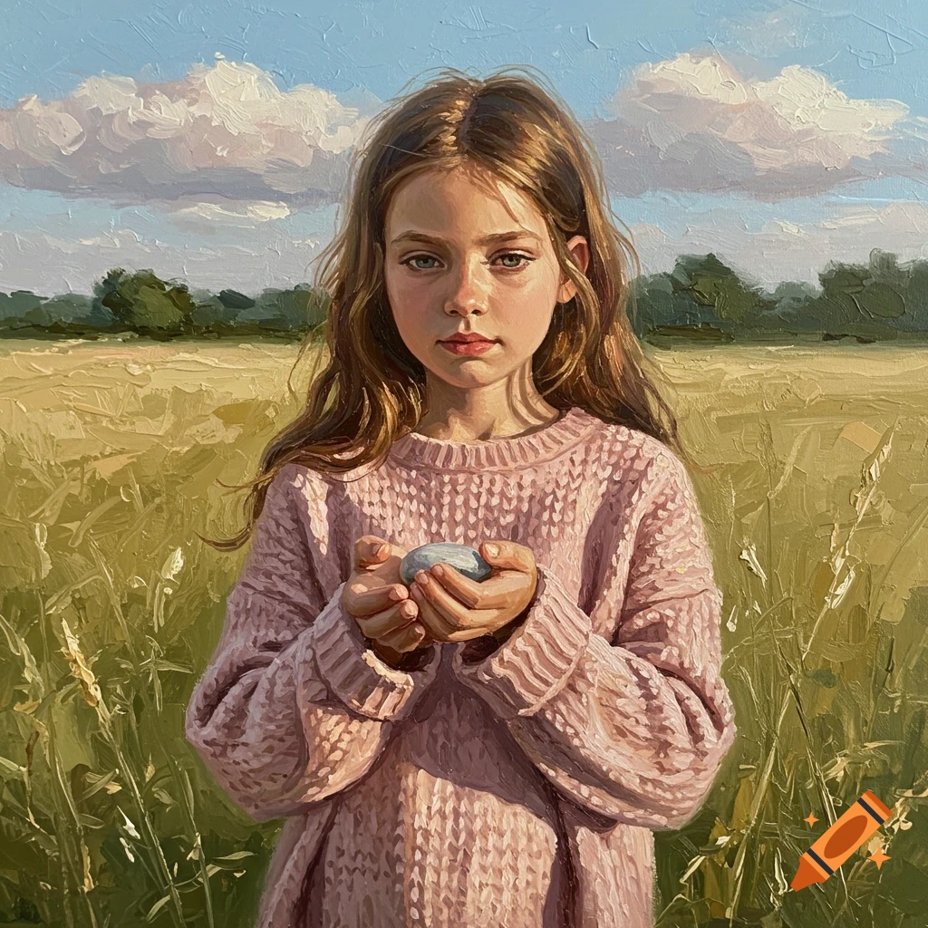 An oil painting of a young girl in a pink sweater, holding a grey stone in a grassy field under a blue sky.