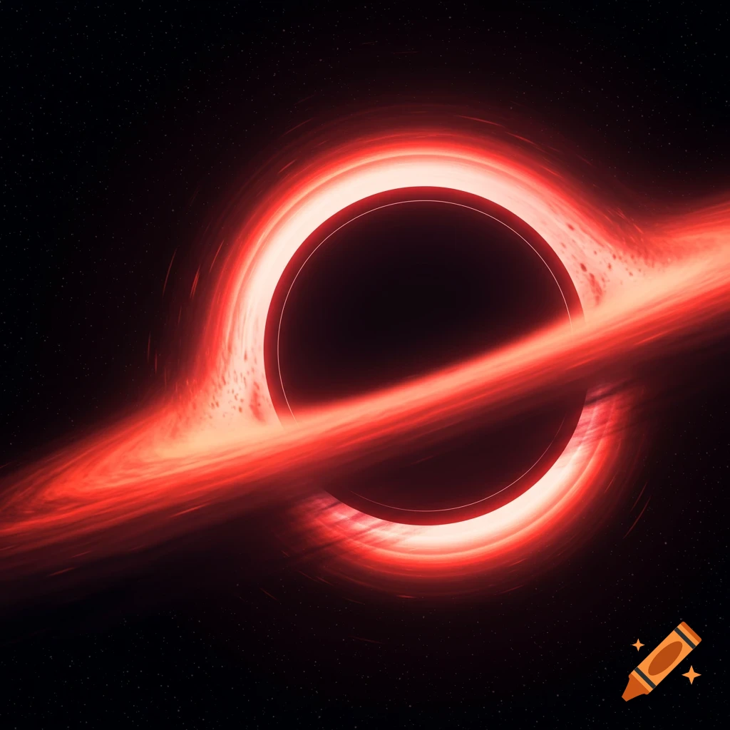 A glowing red accretion disk encircles a black hole in deep space, with distant stars in the background.