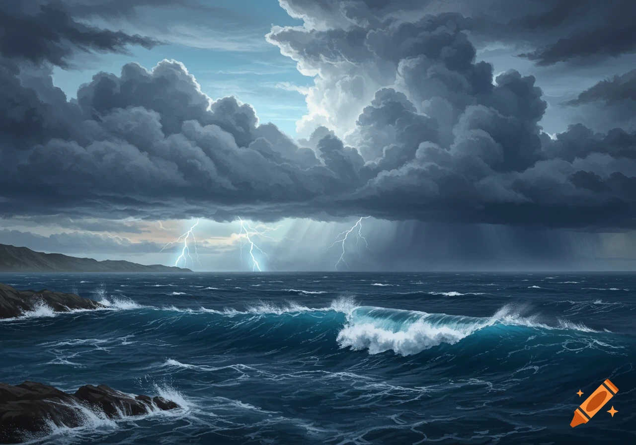 Dramatic stormy ocean with large waves crashing against rocks under dark, lightning-filled clouds.